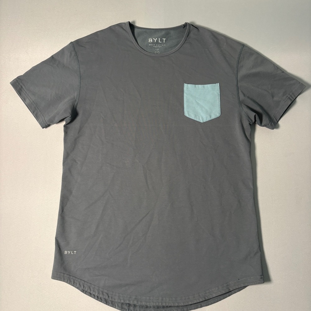 BYLT Drop Cut SS Pocket Lux Tee Mens Large Grey Blue Curved Hem T-Shirt